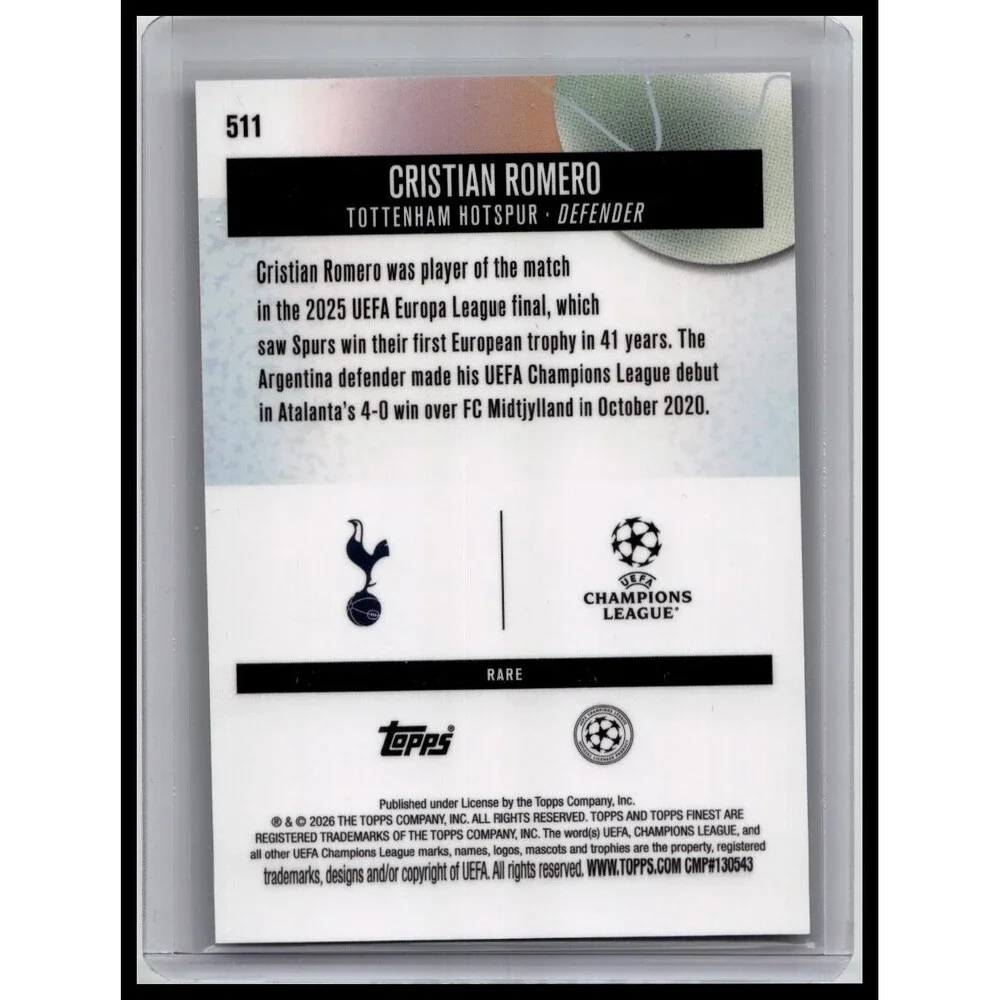 2025-26 Finest UEFA Cristian Romero #511 Tottenham Purple Checkerboard /75